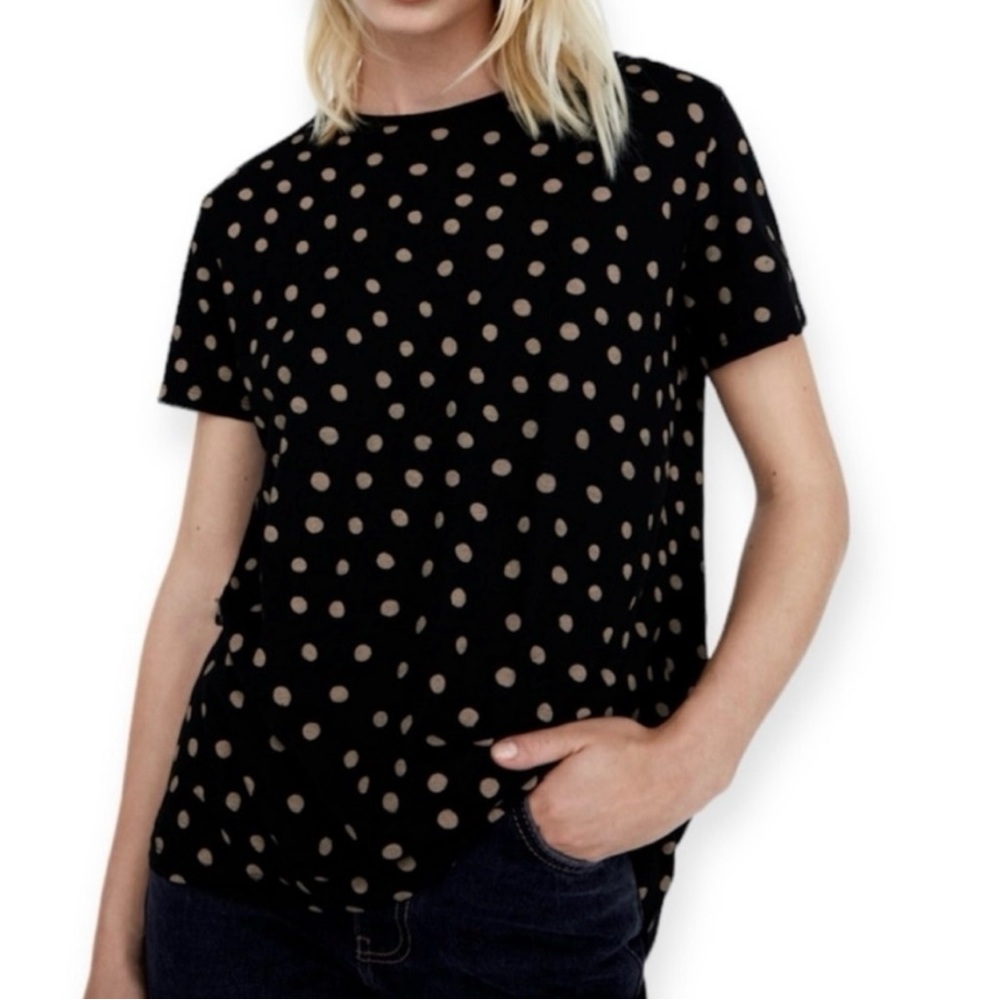 Zara Polka Dot Black and Tan Short Sleeve Top Size M